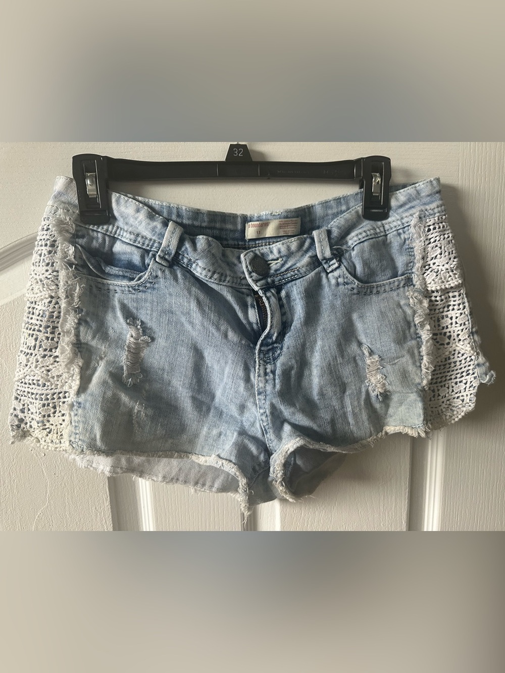 No Boundaries Light Blue Denim Crochet Side Shortalls